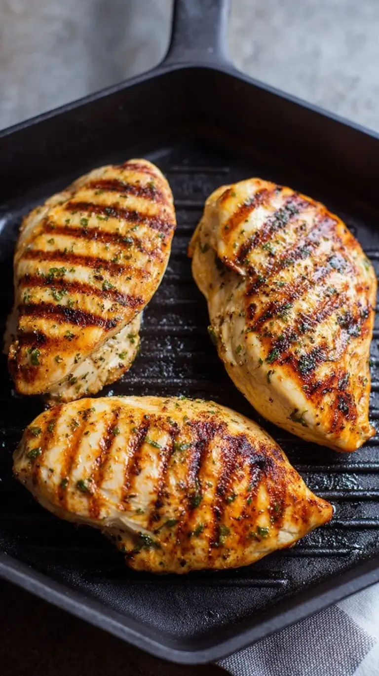Golden brown stovetop grilled chicken breasts with char marks on a cast iron grill pan