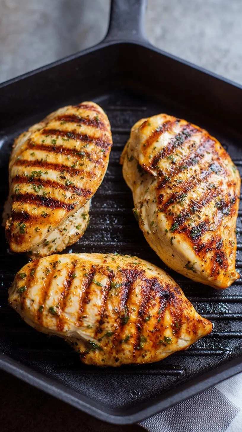 Golden brown stovetop grilled chicken breasts with char marks on a cast iron grill pan