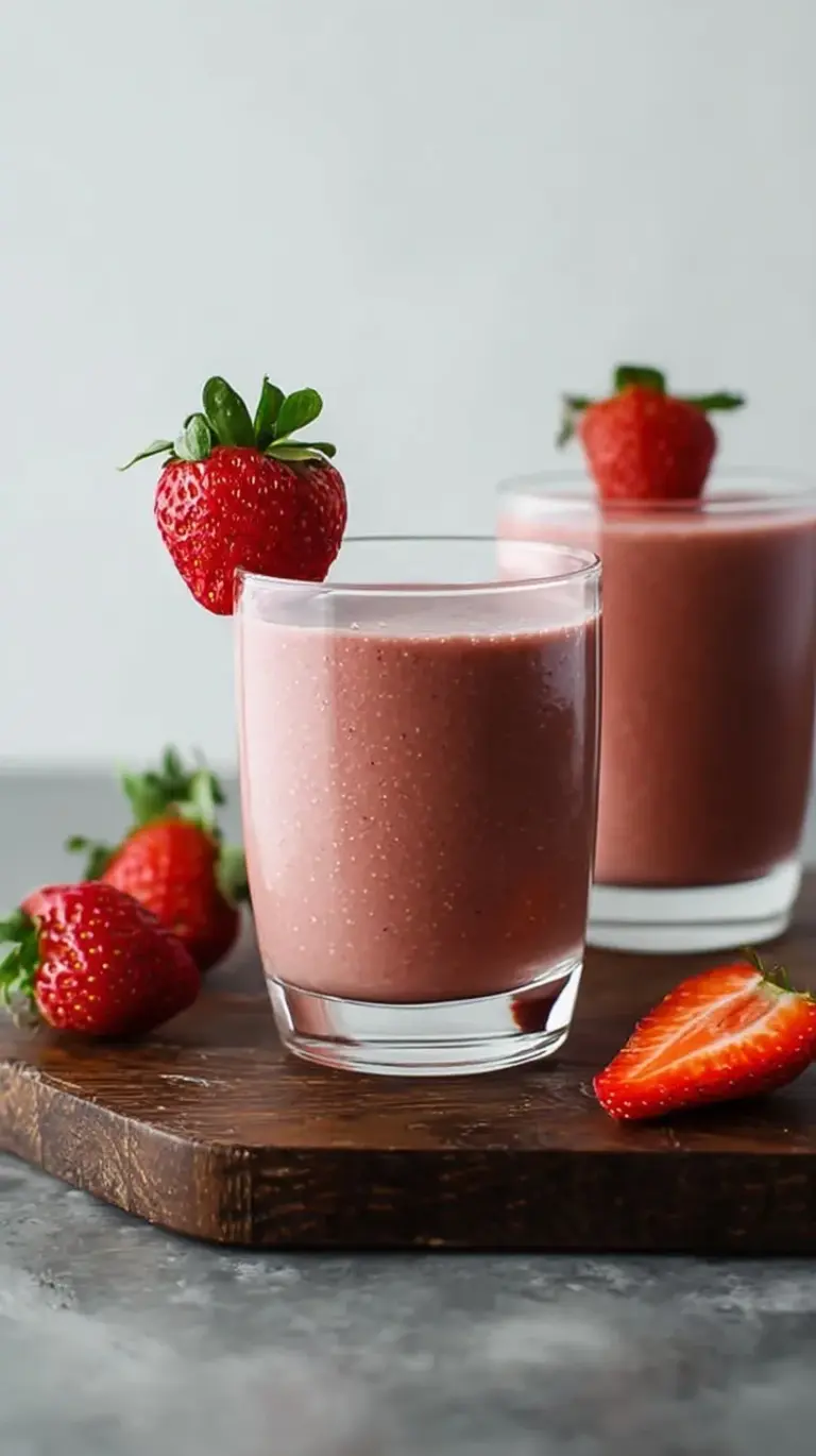 A vibrant purple Strawberry Acai Smoothie in a glass topped with chia seeds