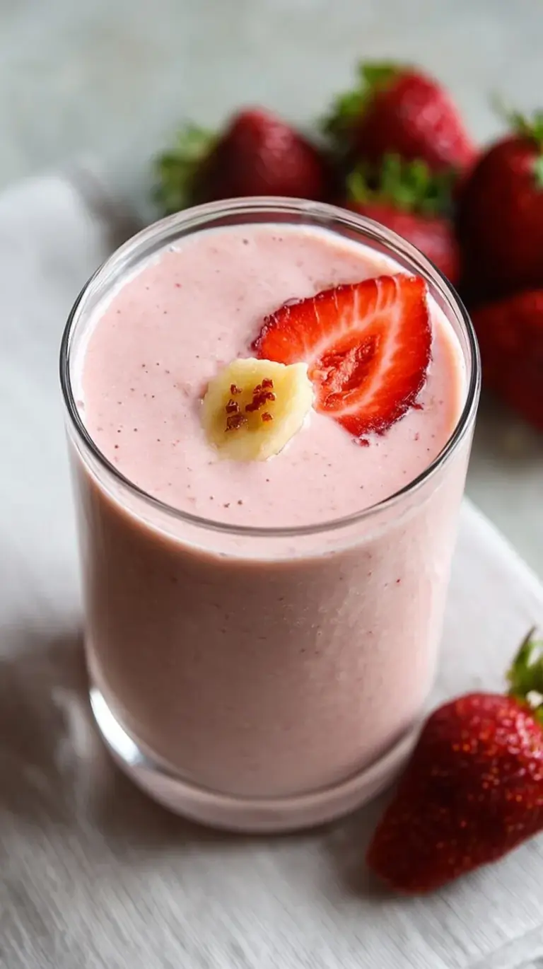 A vibrant pink Strawberry Banana Smoothie in a clear glass, garnished with fresh strawberries and banana slices on a light wooden surface.
