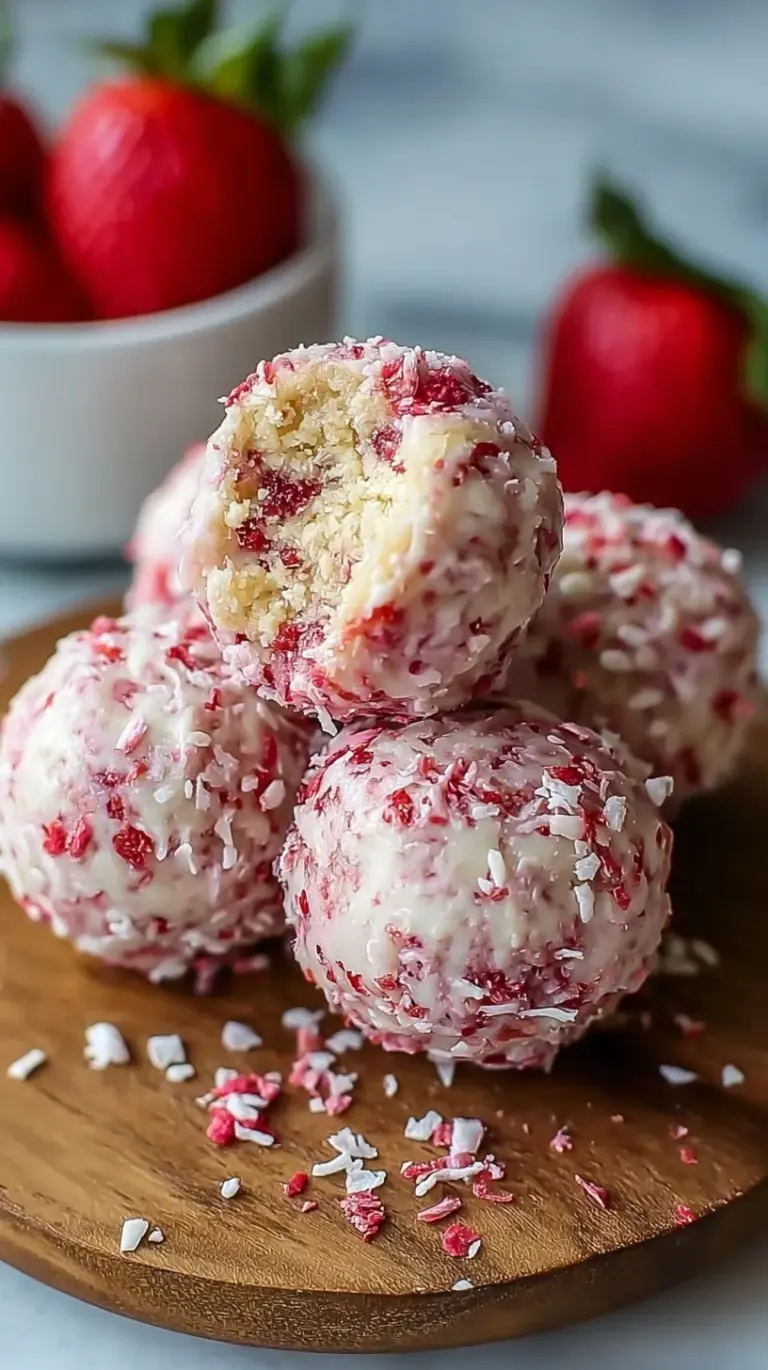 A plate of round strawberry cheesecake protein balls coated in graham cracker crumbs.