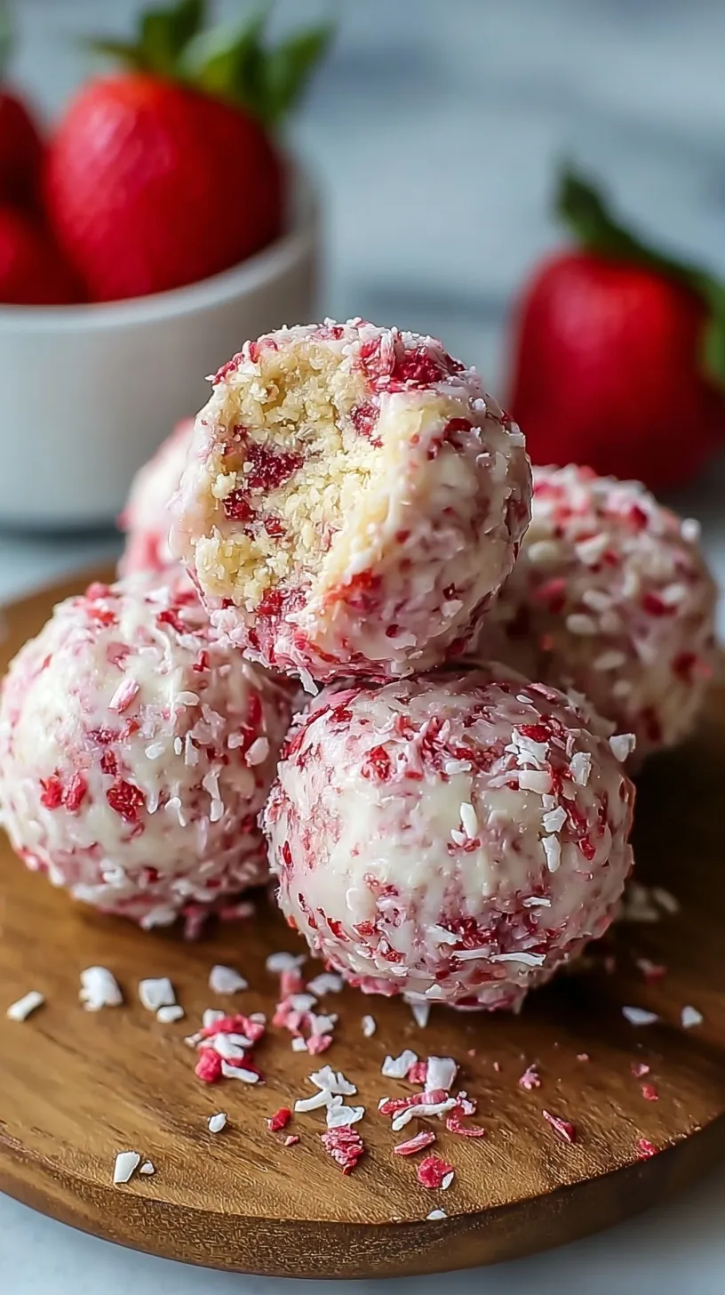 A plate of round strawberry cheesecake protein balls coated in graham cracker crumbs.