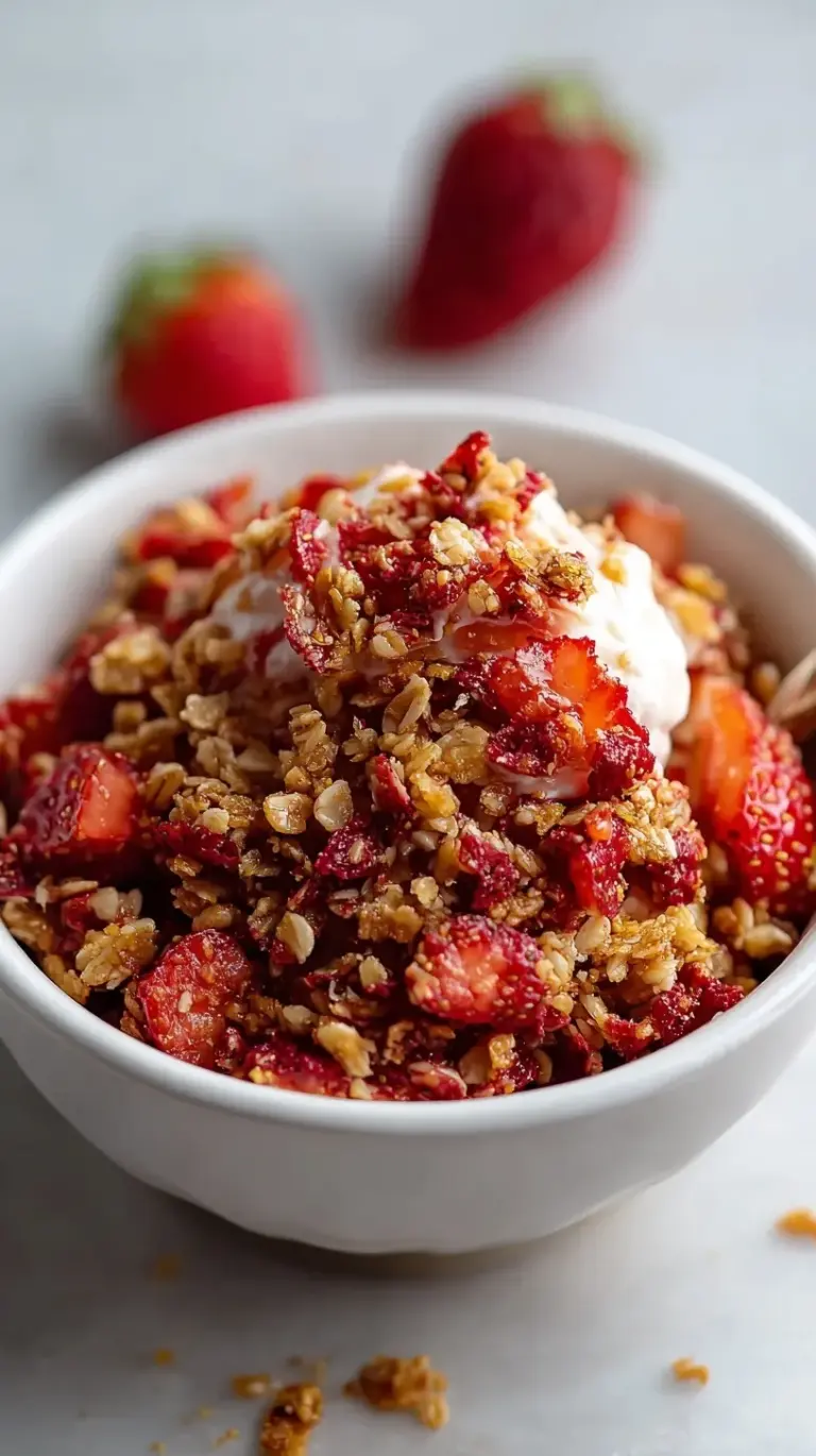 A close up of pink strawberry crunch topping in a glass bowl with a spoon