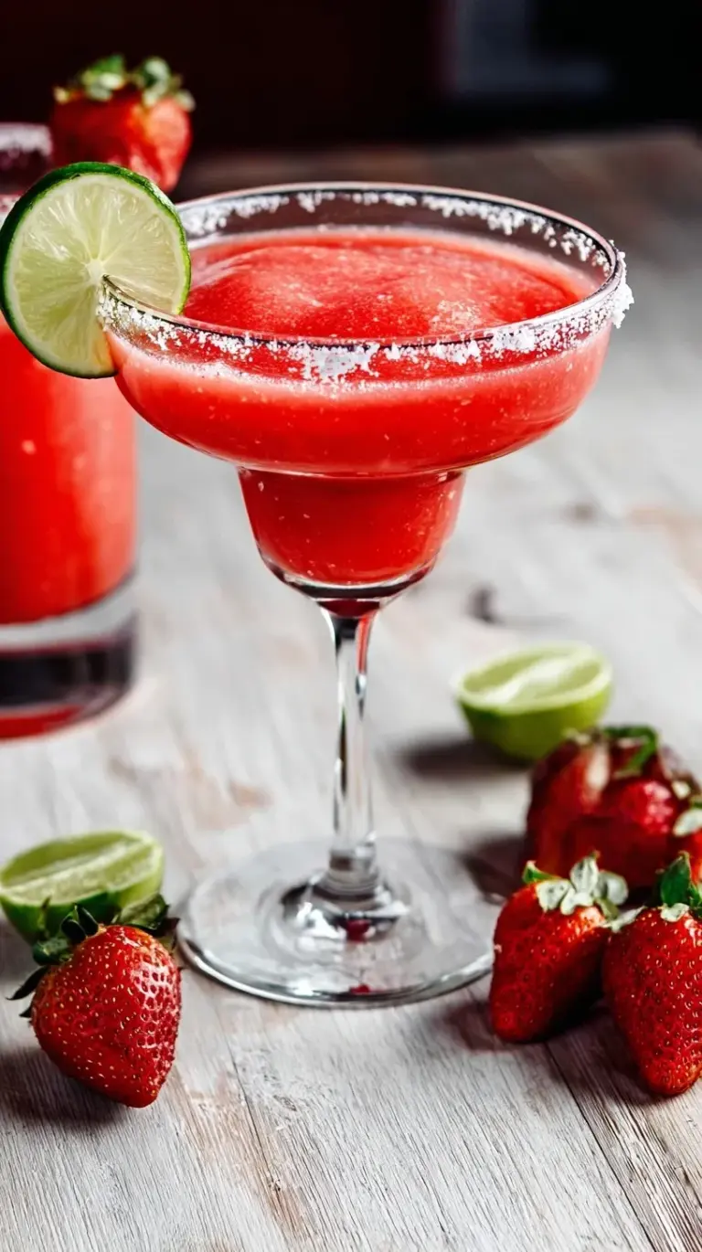 A vibrant red Strawberry Margarita in a salt-rimmed glass, garnished with a fresh strawberry and lime wedge, on a sunny patio.