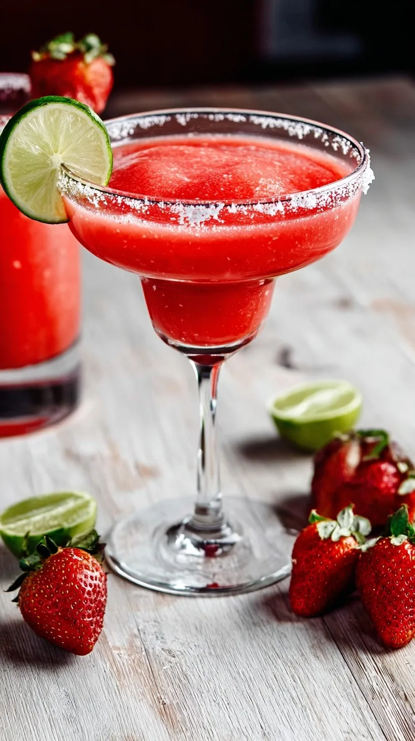 A vibrant red Strawberry Margarita in a salt-rimmed glass, garnished with a fresh strawberry and lime wedge, on a sunny patio.