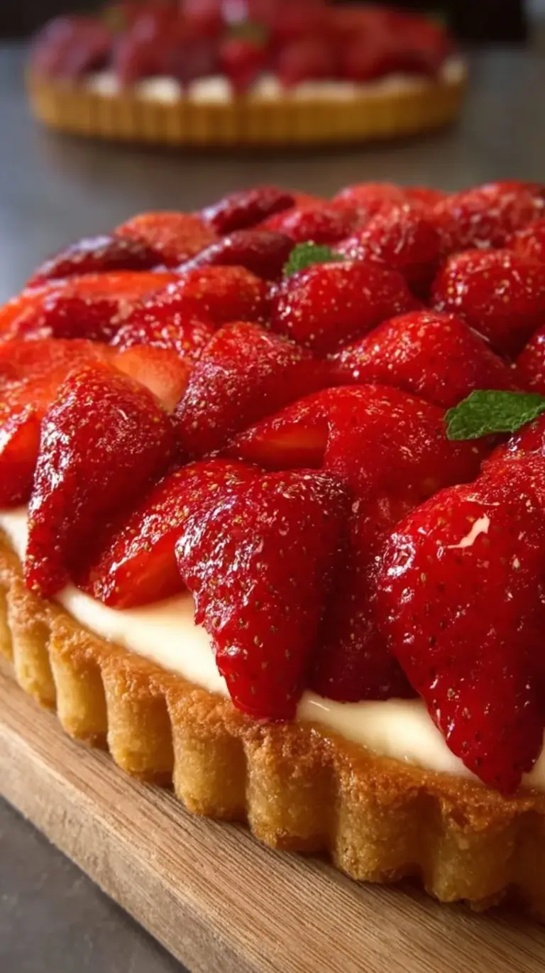 A beautiful classic strawberry tart with glazed berries and vanilla cream in a pastry shell.