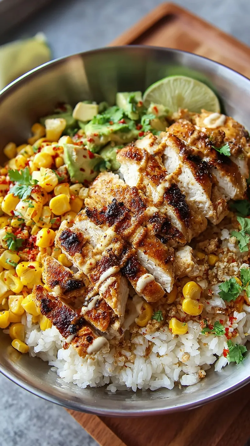 A vibrant Street Corn Chicken Rice Bowl topped with cotija cheese and lime wedges.