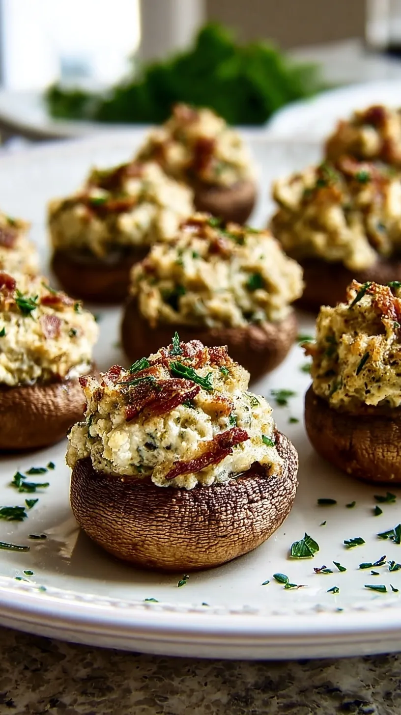Golden stuffed mushrooms with cheese and herb filling on a white serving platter