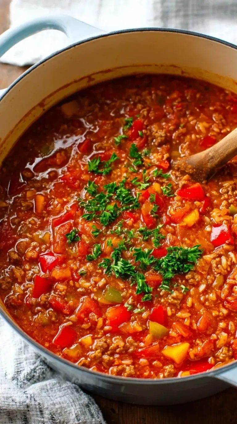 A steaming bowl of hearty Stuffed Pepper Soup with ground beef, rice, and colorful bell peppers, garnished with fresh parsley.
