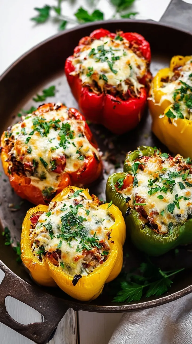 Golden baked stuffed peppers filled with seasoned ground beef and rice topped with melted cheese on a white platter