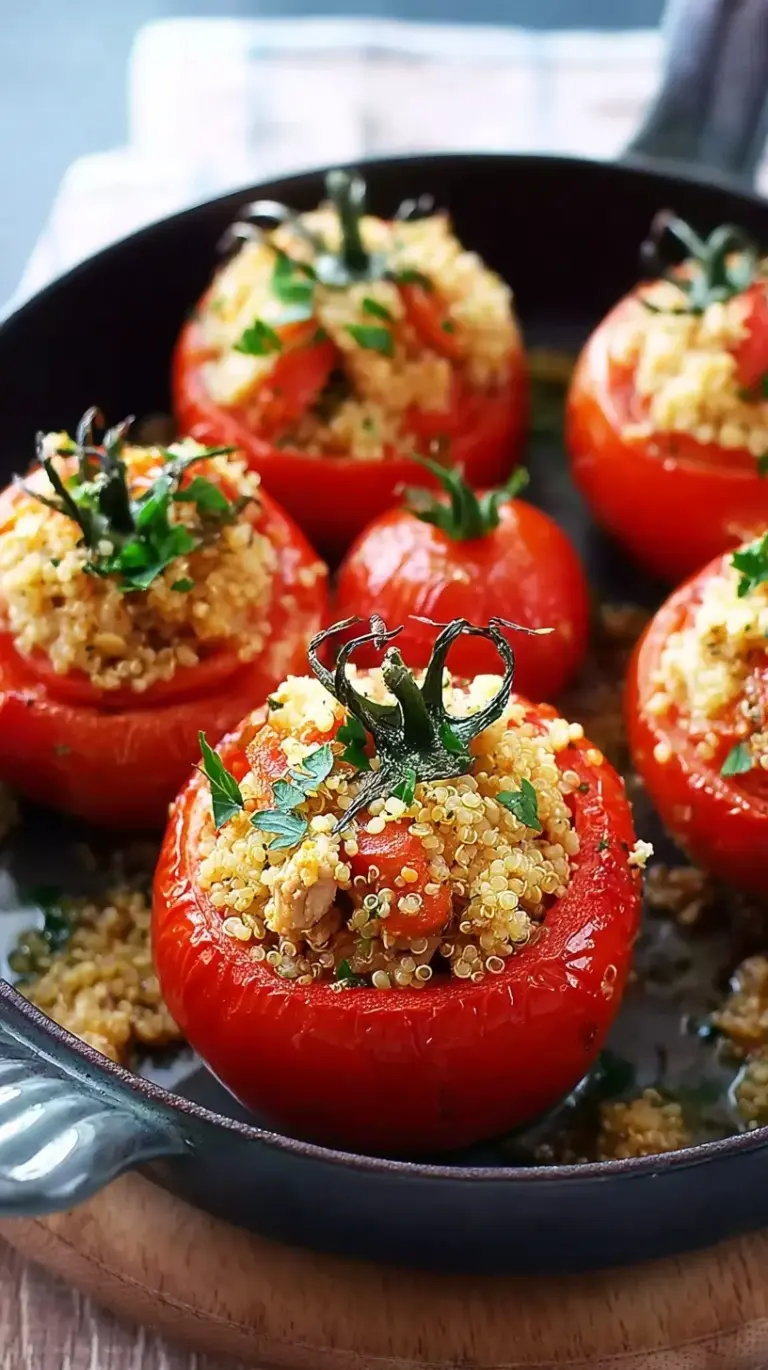 Four baked beefsteak tomatoes stuffed with a golden quinoa and chicken mixture, topped with melted mozzarella cheese.