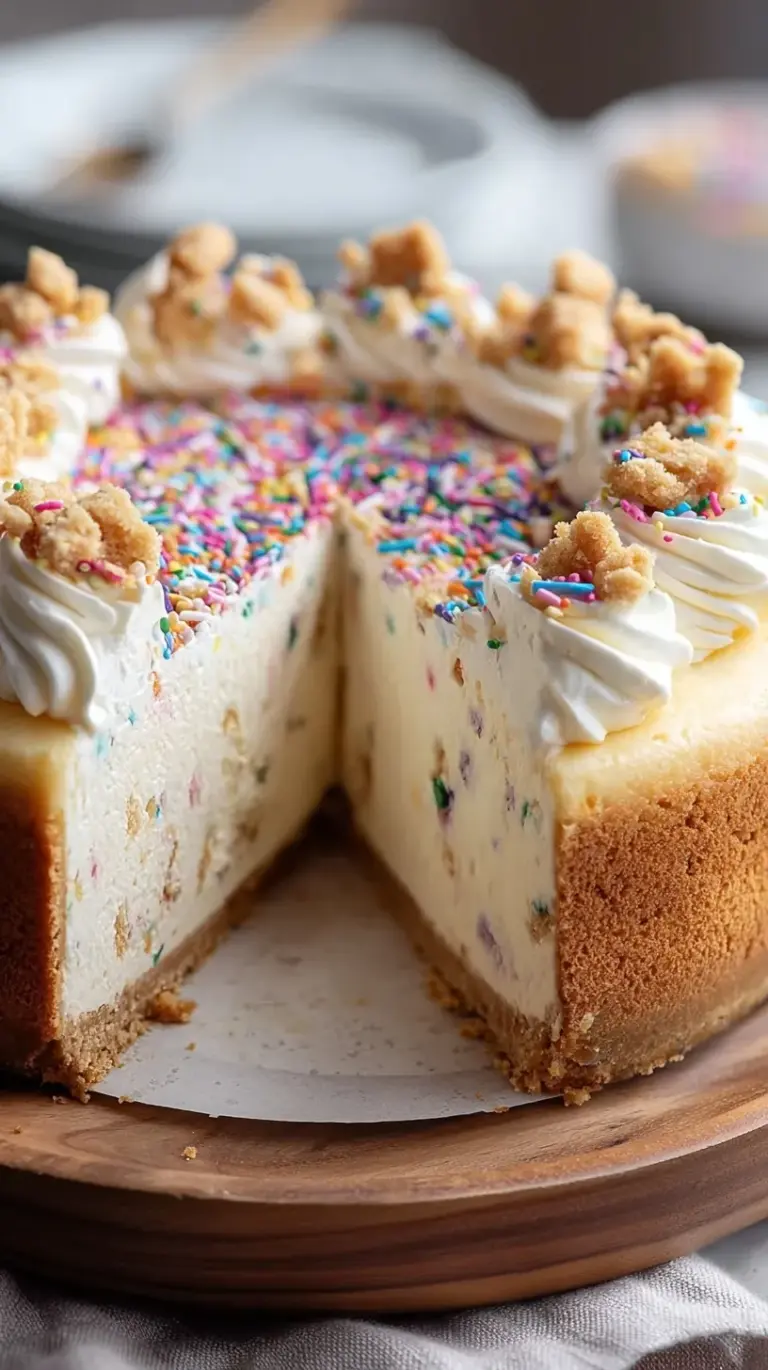 A slice of creamy sugar cookie cheesecake with a golden cookie crust and colorful rainbow sprinkles on top.