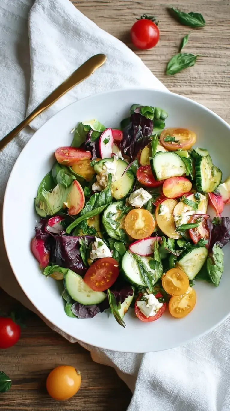 A vibrant summer garden salad in a glass bowl with tomatoes, cucumbers, and peppers