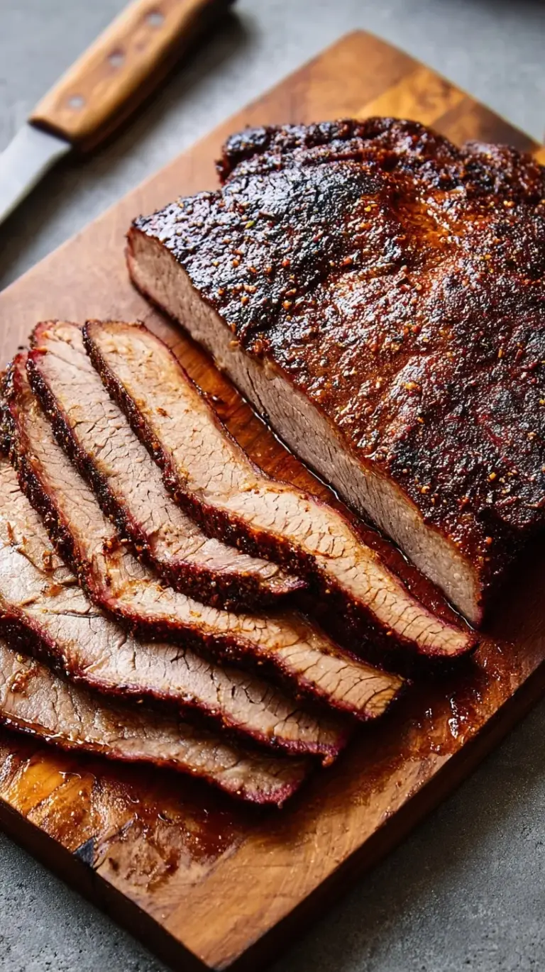 A perfectly sliced Sweet and Smoky Beef Brisket with a beautiful smoke ring, resting on a wooden cutting board, ready to be served.