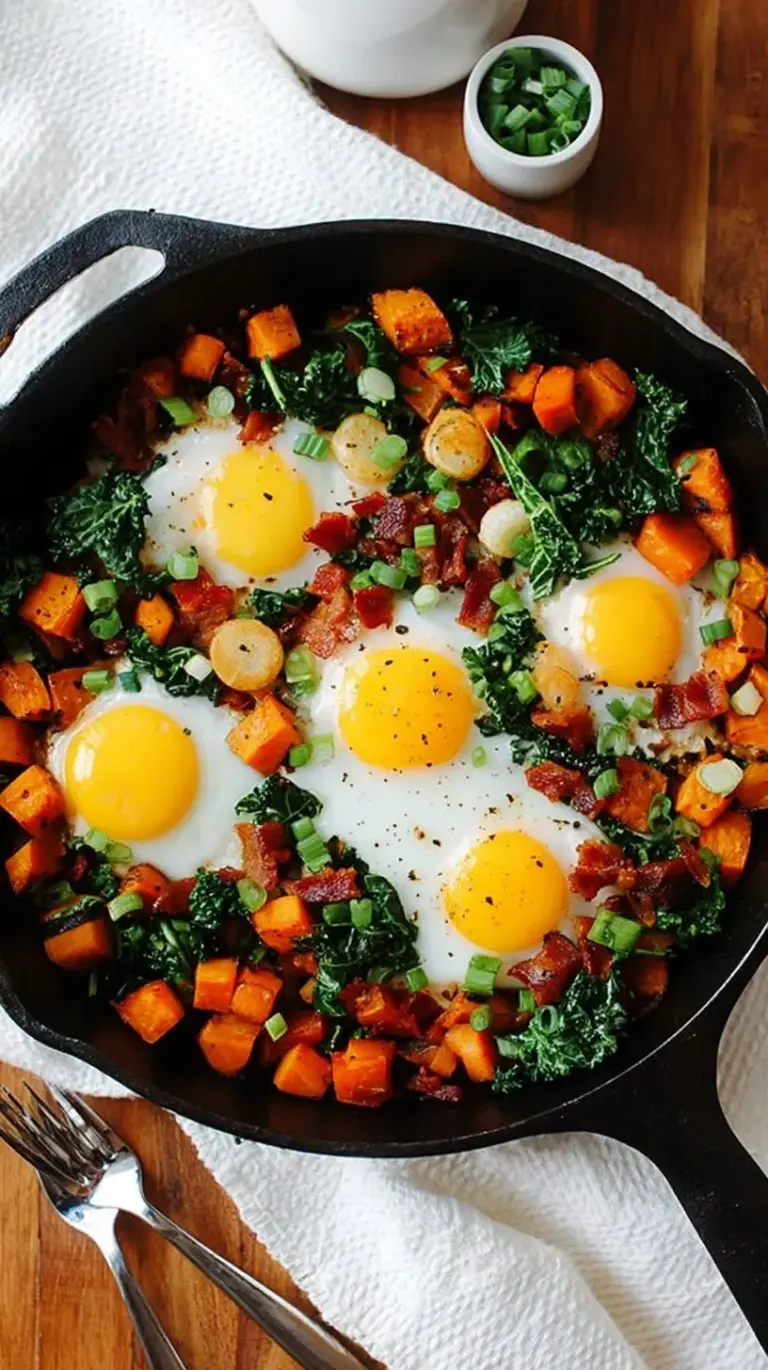 A cast iron skillet filled with golden sweet potato cubes, red peppers, and onions topped with four poached eggs and green scallions.