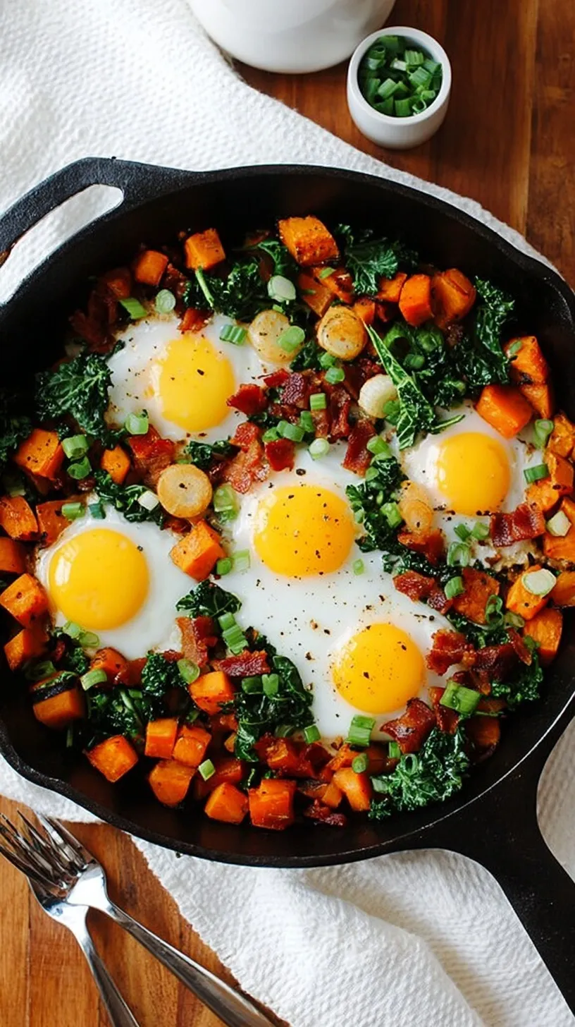 A cast iron skillet filled with golden sweet potato cubes, red peppers, and onions topped with four poached eggs and green scallions.