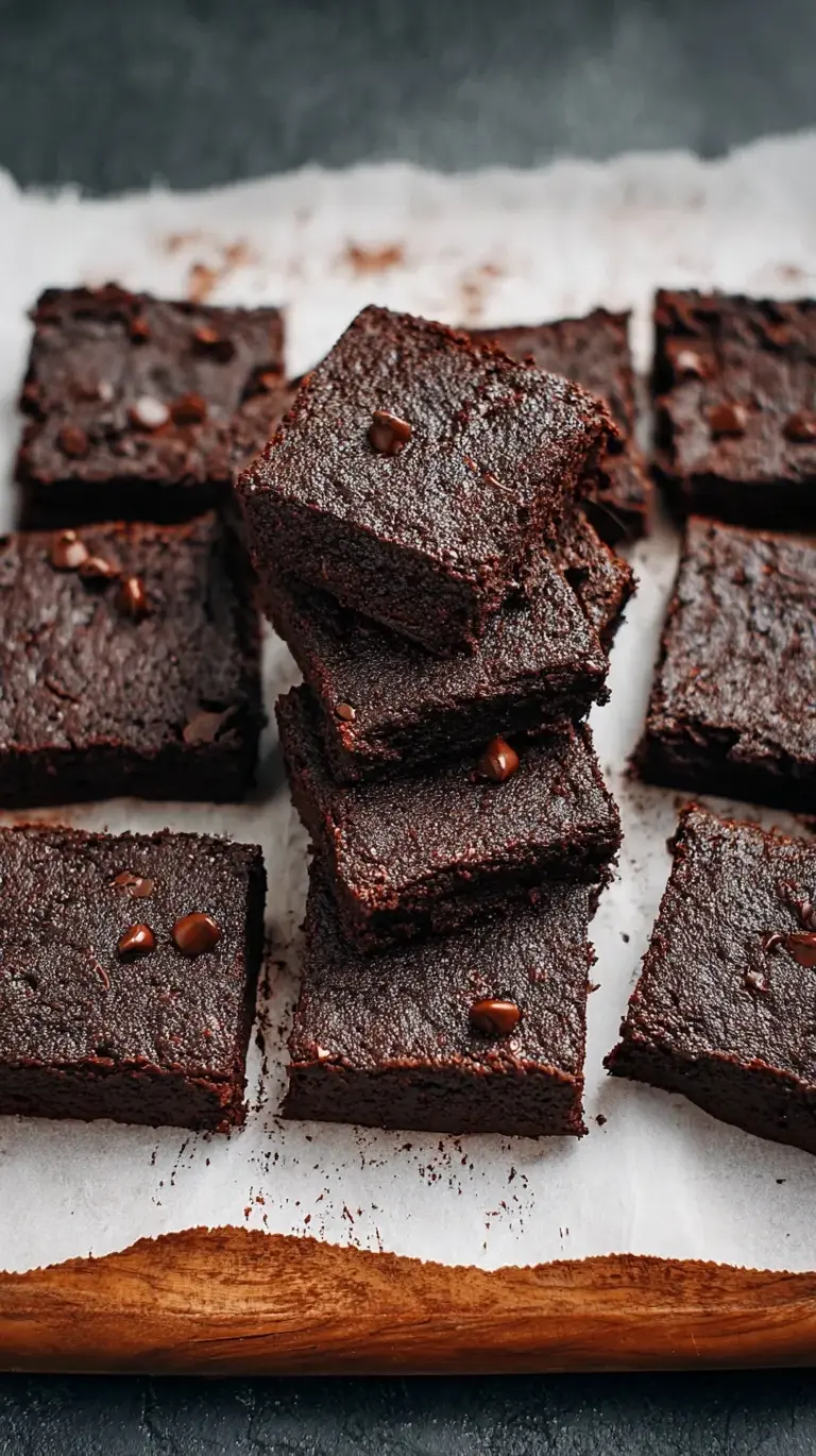 A tray of sliced fudgy sweet potato brownies topped with melted chocolate chips.