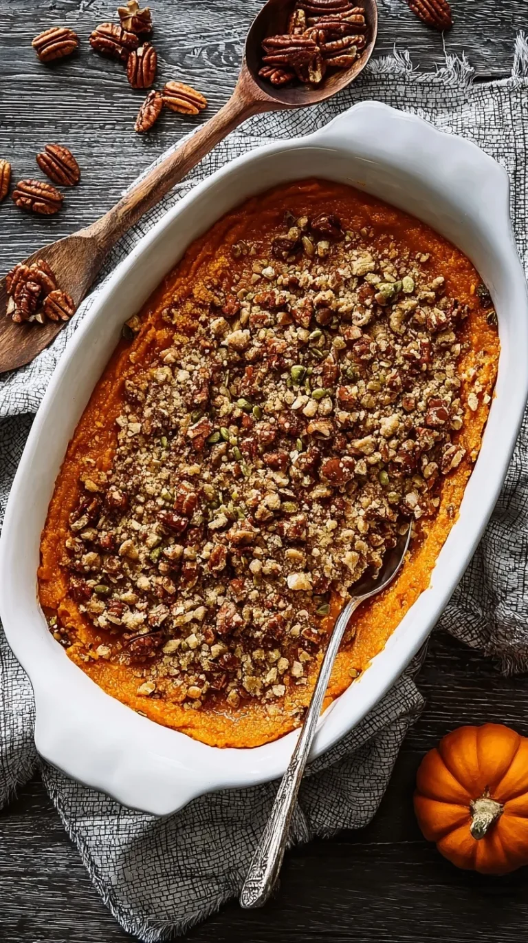 Sweet potato casserole with golden pecan streusel topping in a white baking dish