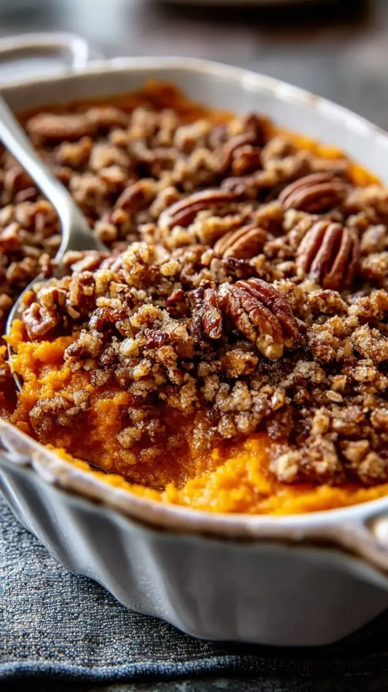 A ceramic baking dish filled with orange sweet potato casserole topped with a golden brown pecan crumble.