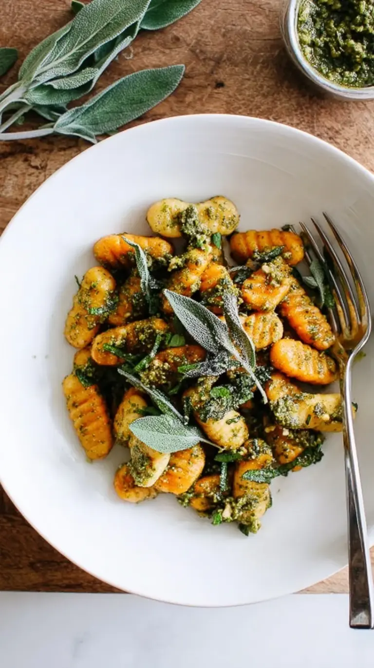 Golden seared sweet potato gnocchi tossed in a green sage walnut pesto in a dark skillet.