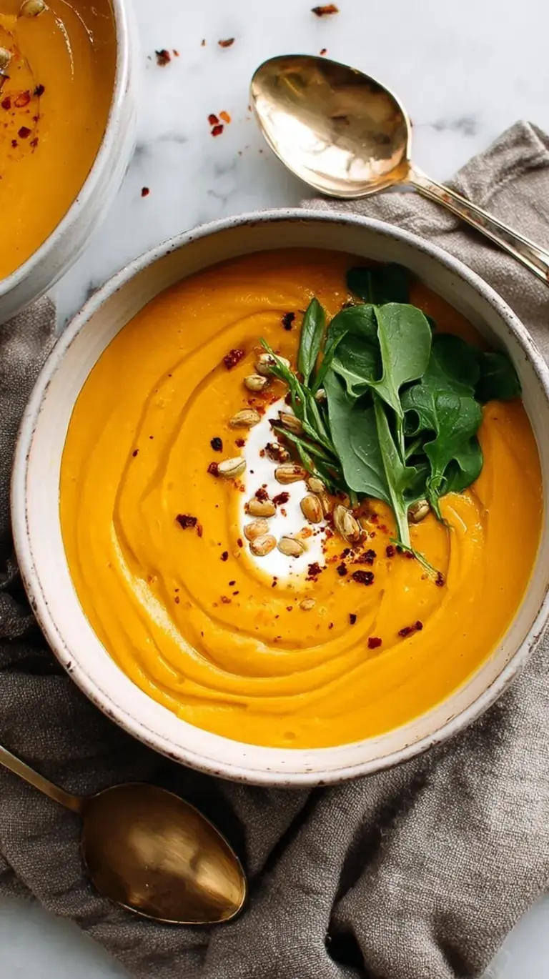 A bowl of vibrant orange sweet potato soup topped with a swirl of coconut milk and fresh herbs.