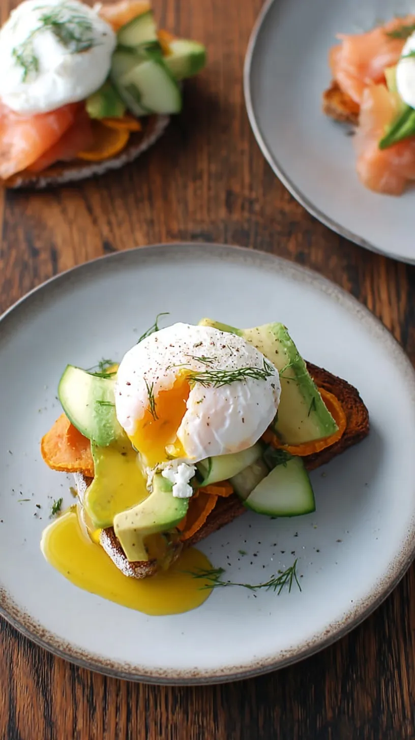 Oven-roasted sweet potato slices topped with mashed avocado, smoked salmon, cucumber, and a runny poached egg.