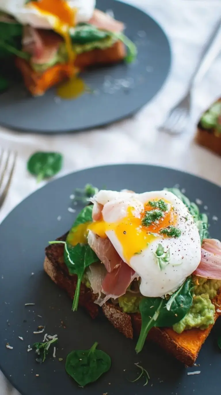 Roasted sweet potato slices topped with mashed avocado, spinach, prosciutto, and a runny poached egg.