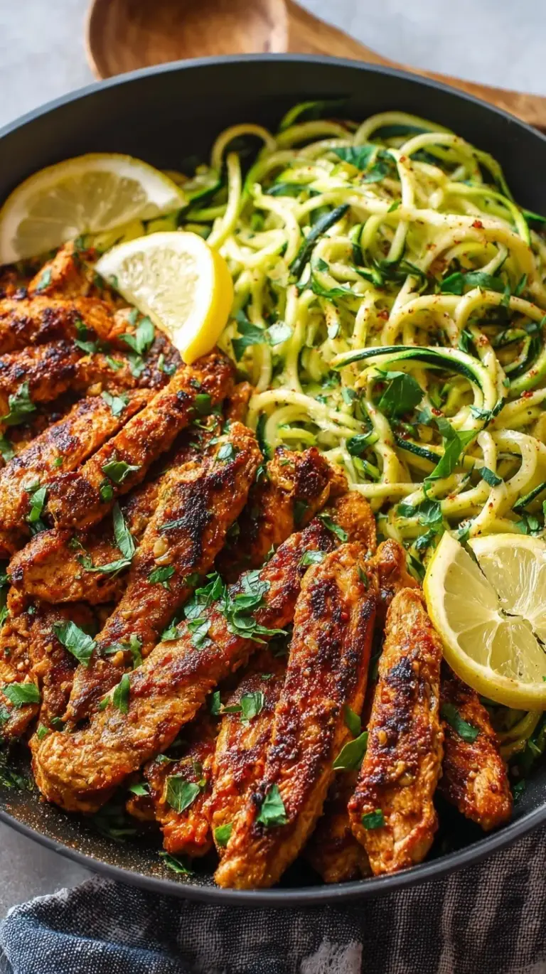 Golden taco seasoned chicken tenders served over a bed of lemon garlic zucchini noodles with fresh cilantro