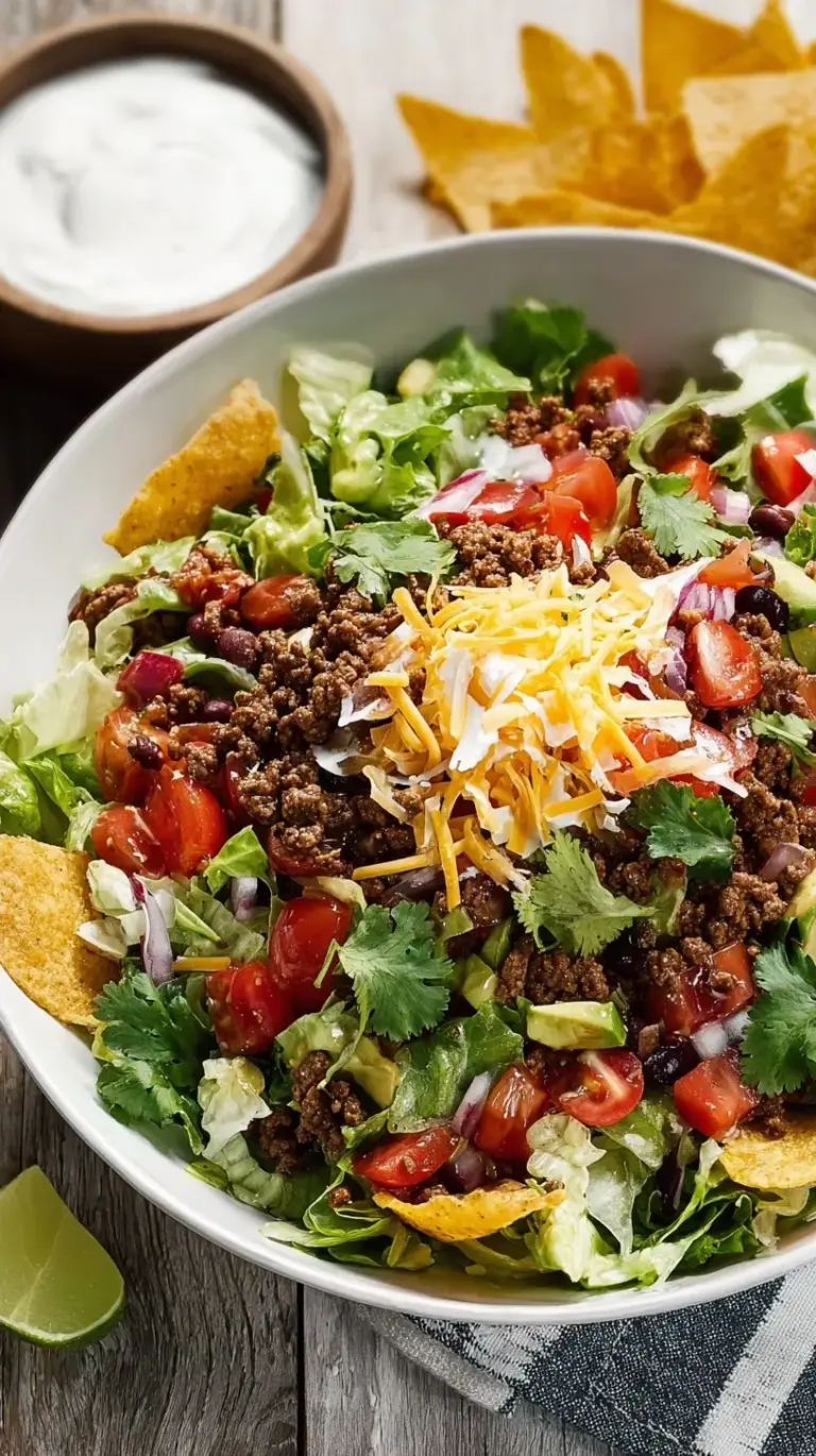 A vibrant bowl of ground beef taco salad with crisp lettuce, tomatoes, corn, avocado, cheese, and tortilla chips.