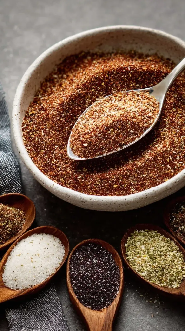 A glass jar filled with a vibrant red and earthy brown homemade taco seasoning blend on a clean kitchen counter.