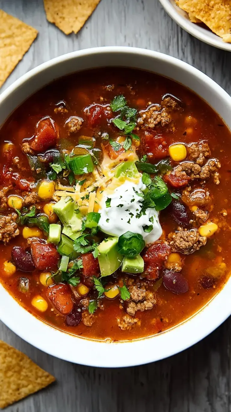 A steaming bowl of hearty Taco Soup garnished with sour cream, cilantro, and crushed tortilla chips, ready to be enjoyed.