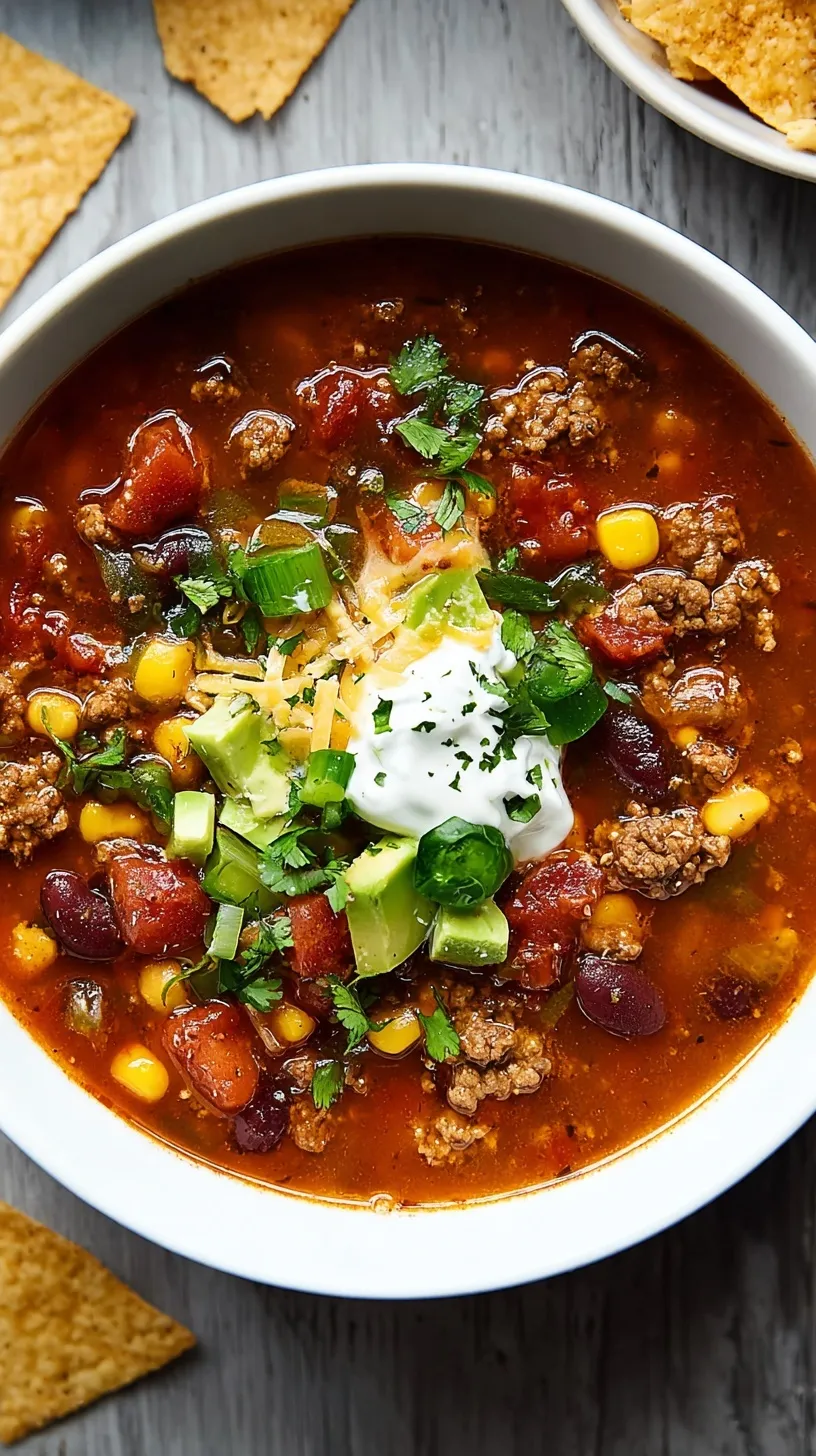 A steaming bowl of hearty Taco Soup garnished with sour cream, cilantro, and crushed tortilla chips, ready to be enjoyed.