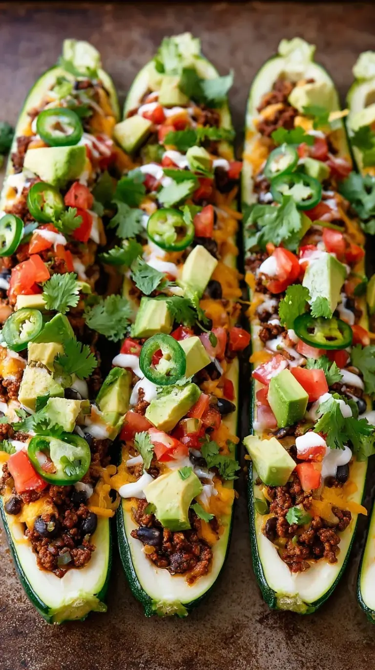 Golden brown Taco Stuffed Zucchini Boats, topped with melted cheese and fresh cilantro, ready to serve.