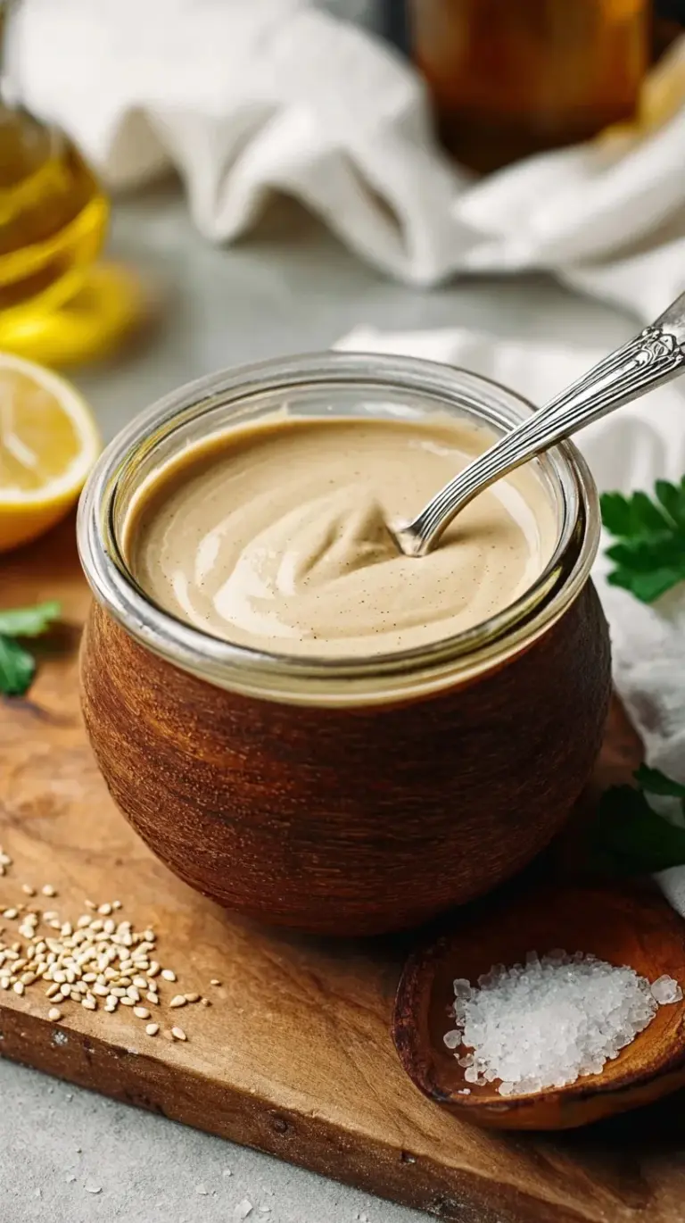 A jar of smooth, golden homemade tahini paste on a wooden countertop