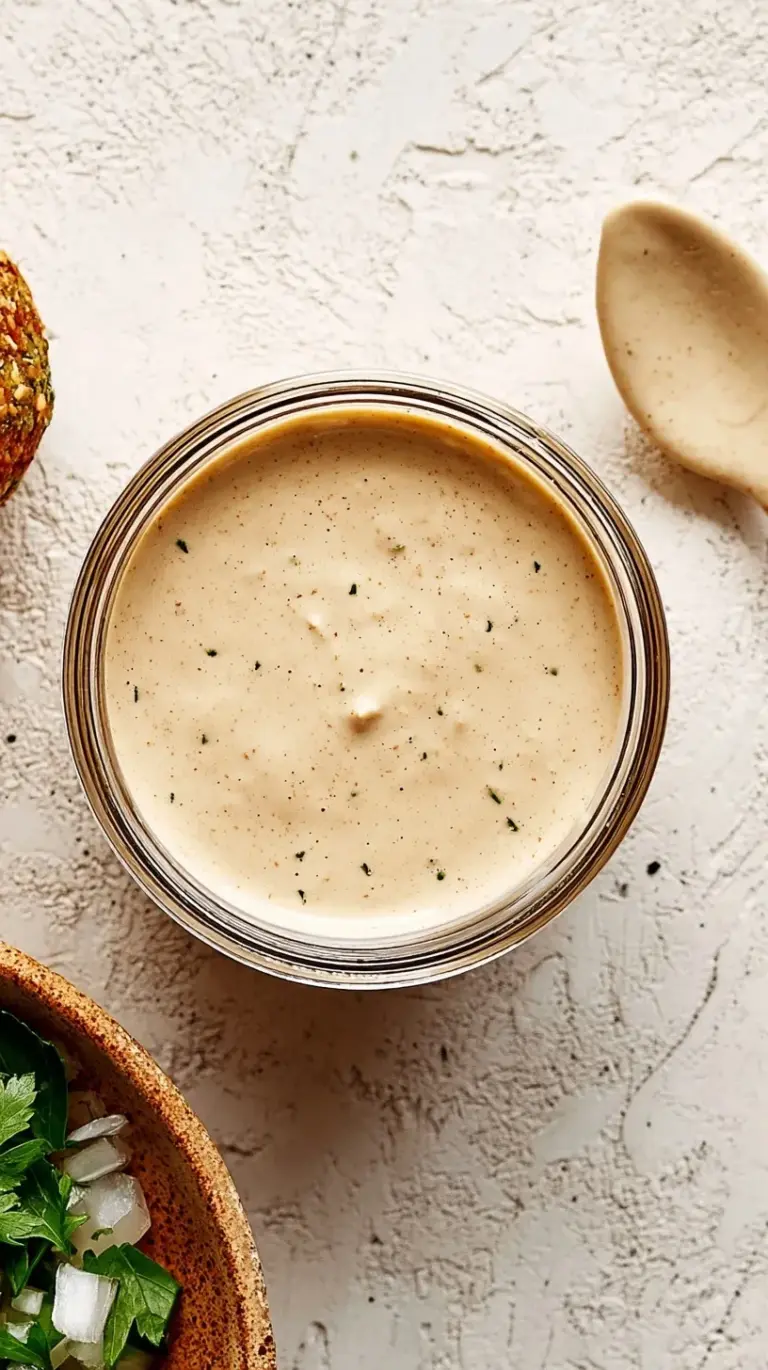 A glass bowl filled with smooth, pale ivory tahini sauce and a silver whisk.