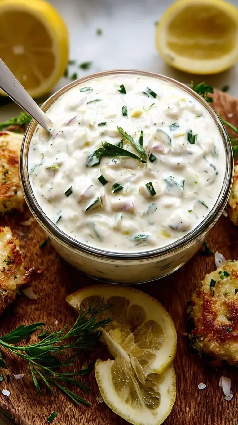 A bowl of creamy homemade tartar sauce with fresh dill and lemon wedges, ready to be served with golden fried fish.
