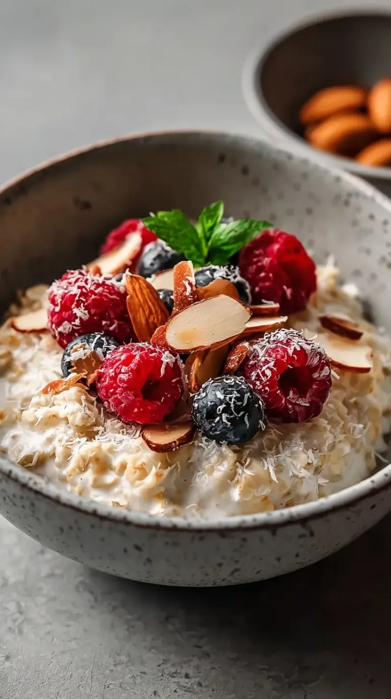 A white bowl filled with creamy coconut oatmeal topped with shredded coconut and a drizzle of maple syrup.