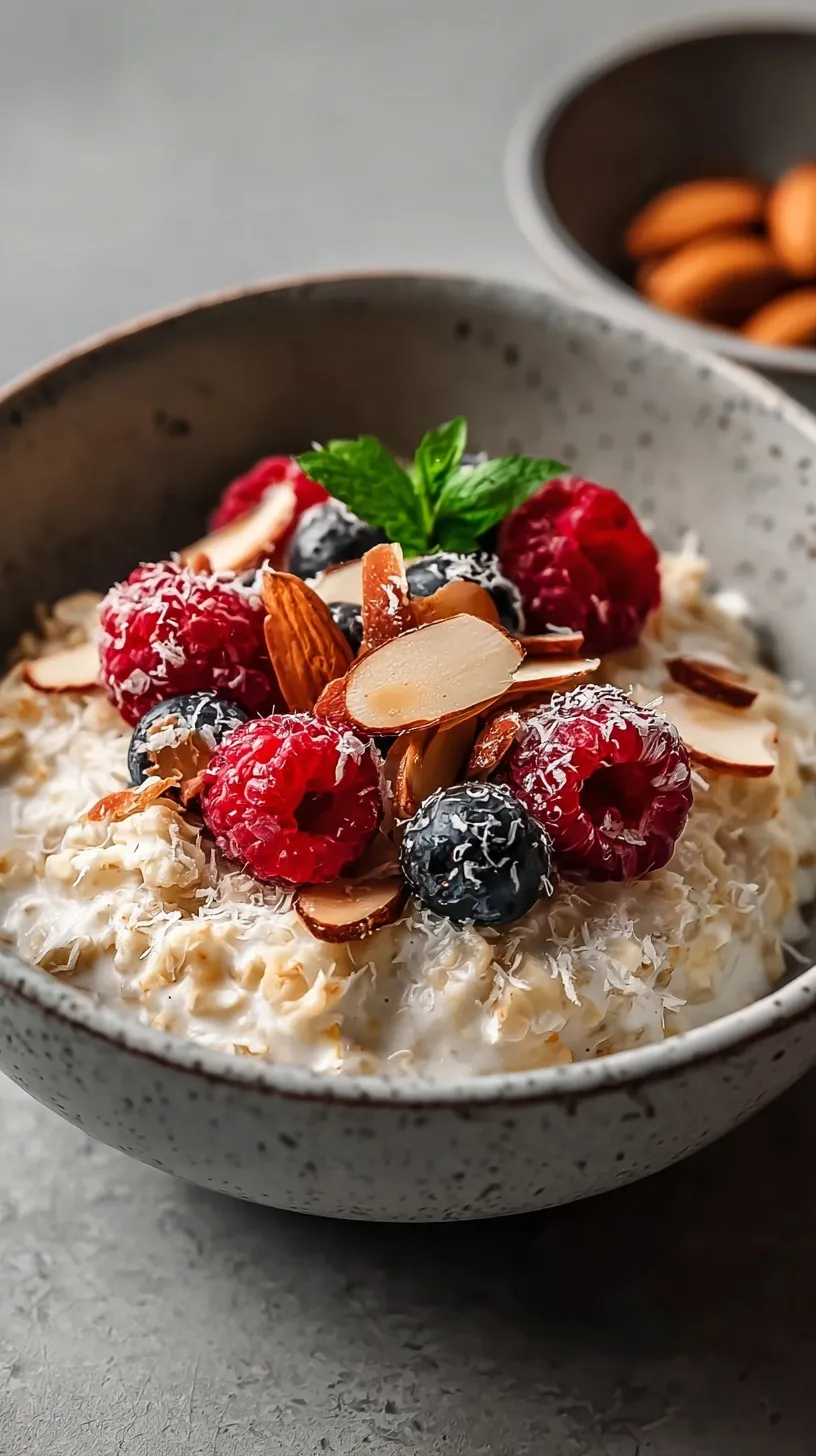A white bowl filled with creamy coconut oatmeal topped with shredded coconut and a drizzle of maple syrup.