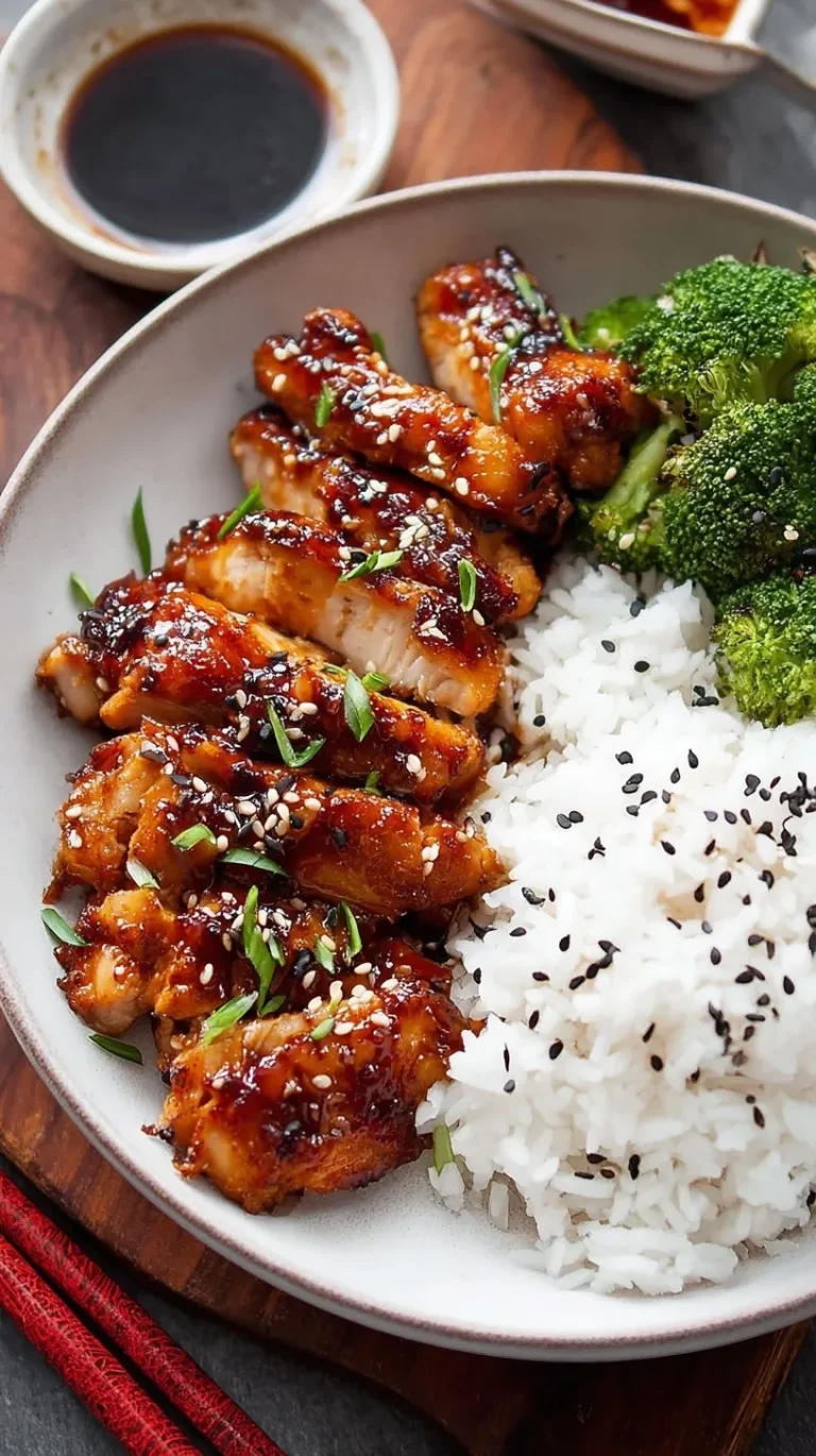 Teriyaki chicken pieces glazed in sweet soy sauce with sesame seeds and green onions on white plate