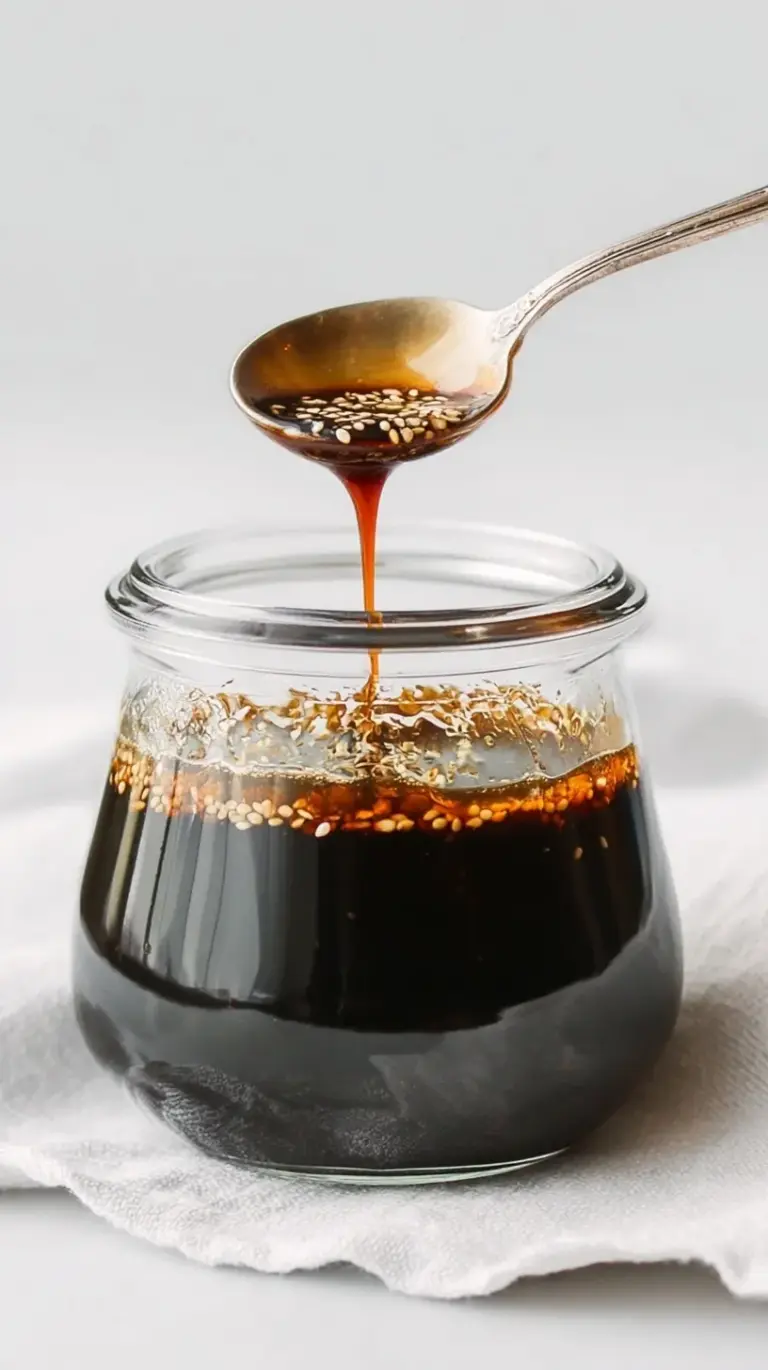 A close-up of a bowl of glossy, rich homemade Teriyaki Sauce with a whisk, ready to be used in cooking.