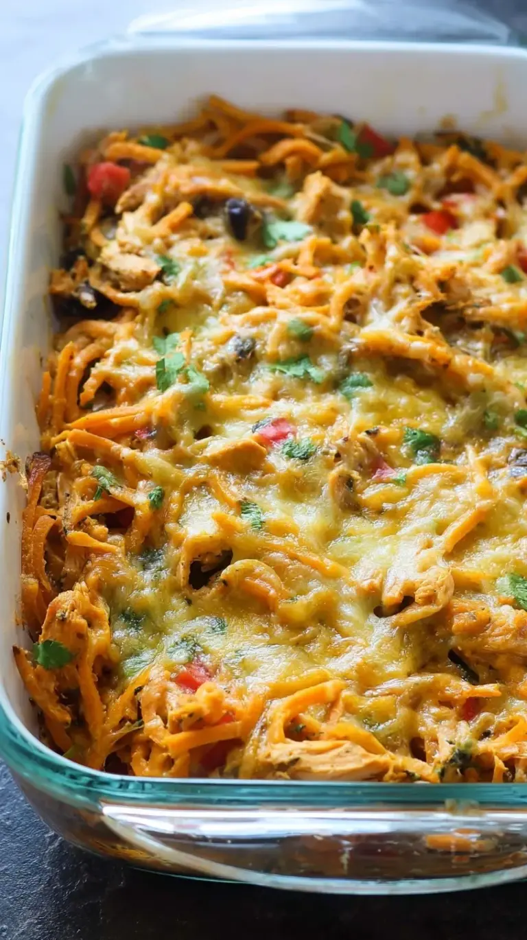 A golden Tex-Mex casserole with spiralized sweet potatoes, melted cheese, and fresh cilantro in a baking dish.