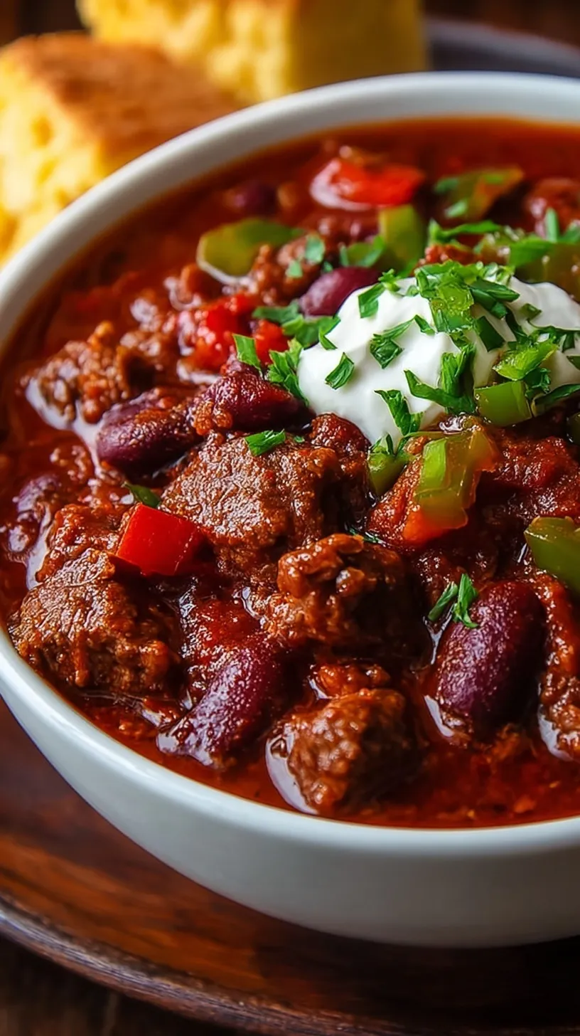 A rustic bowl of dark red Texas chili topped with fresh cilantro and a lime wedge.