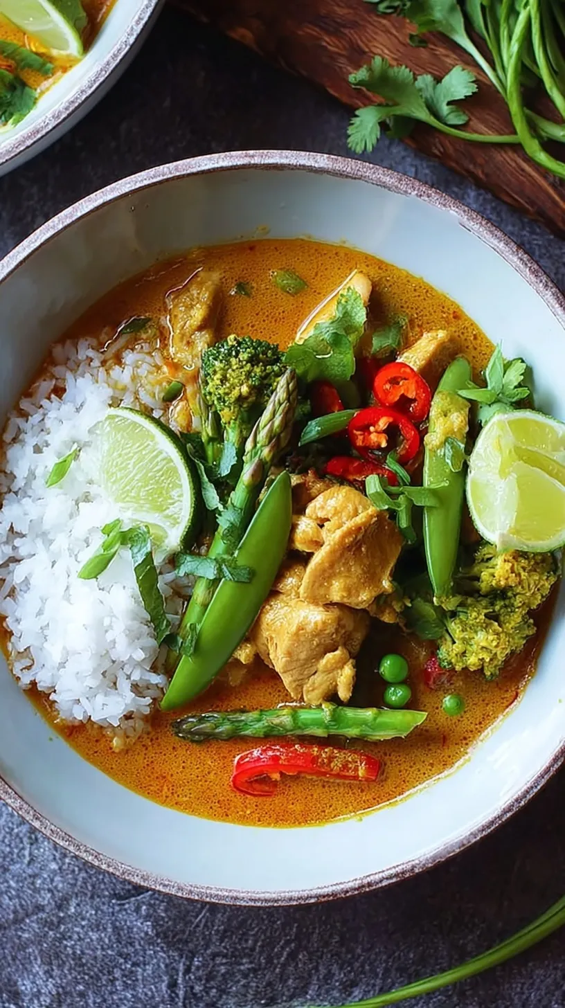 A bowl of creamy Thai Green Chicken Curry with fresh basil and red chili garnish