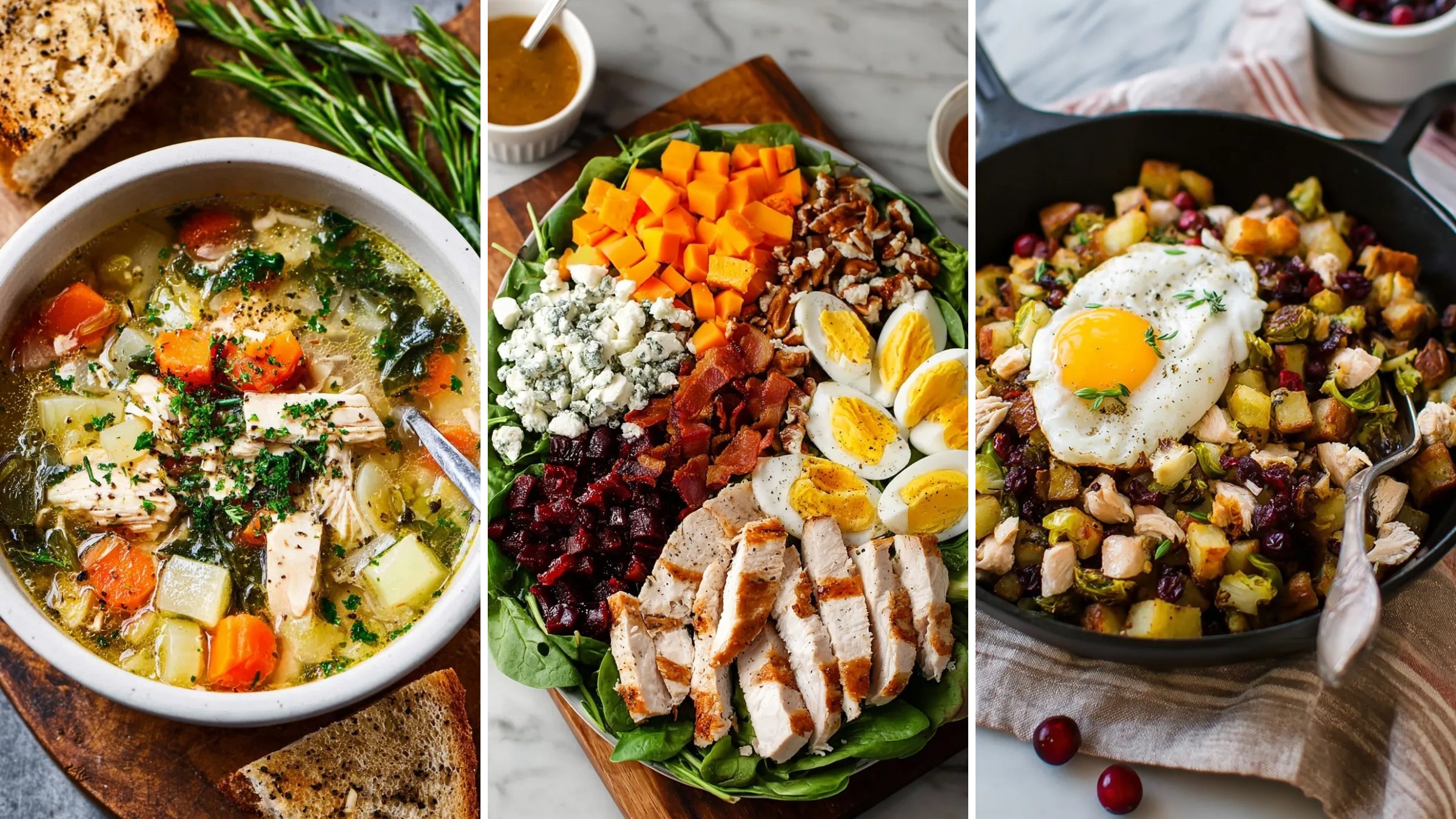 Healthy Thanksgiving leftover recipes: turkey vegetable soup, turkey cobb salad and turkey cranberry hash
