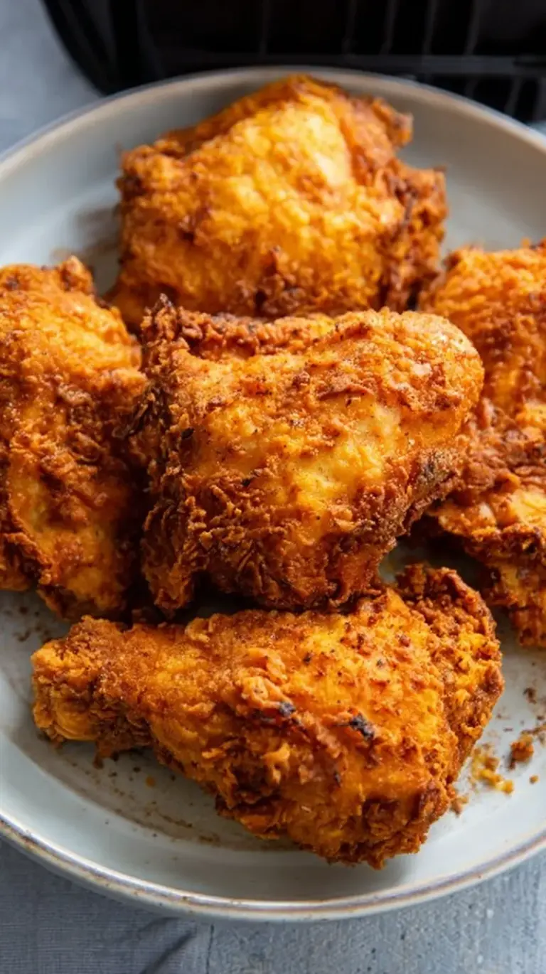 Golden brown crispy air fryer fried chicken thighs on a wire rack