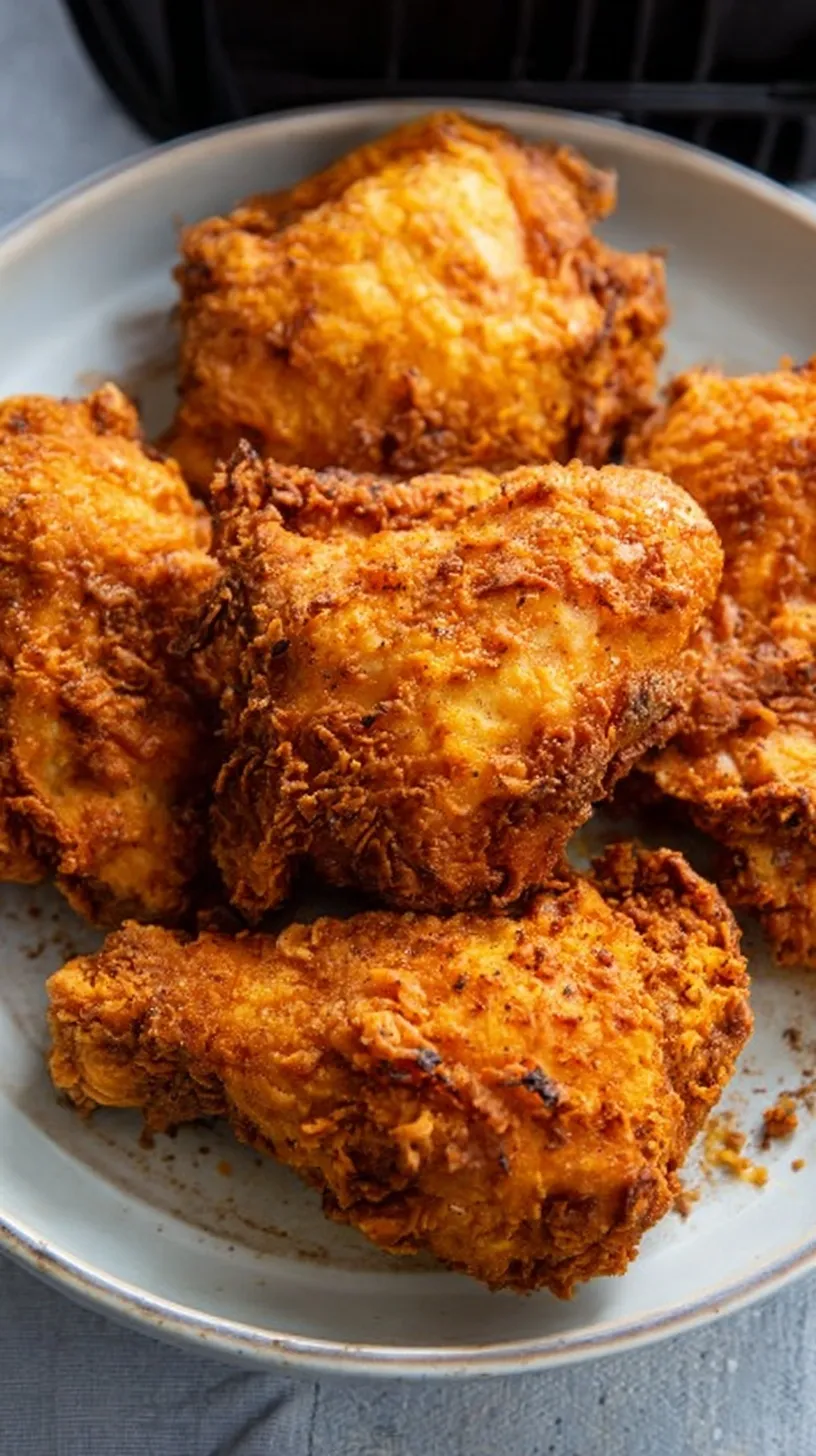 Golden brown crispy air fryer fried chicken thighs on a wire rack