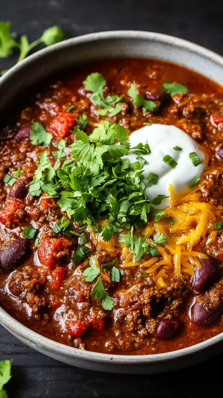 A steaming bowl of classic beef chili topped with fresh herbs and cheese