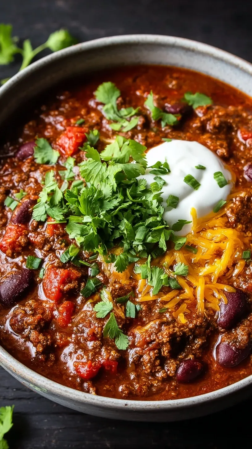 A steaming bowl of classic beef chili topped with fresh herbs and cheese