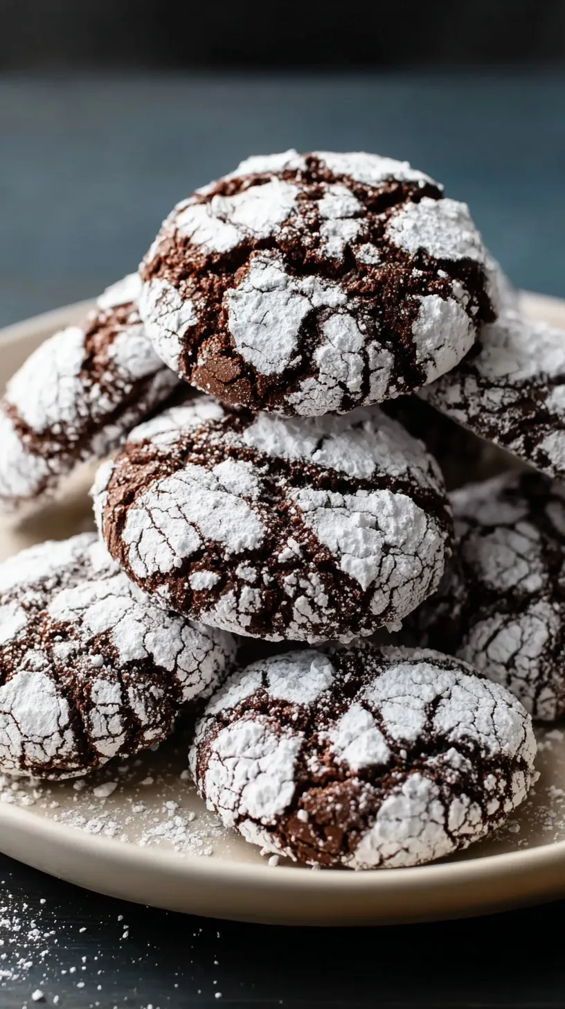 A pile of snowy chocolate crinkle cookies with deep cocoa cracks on a cooling rack.