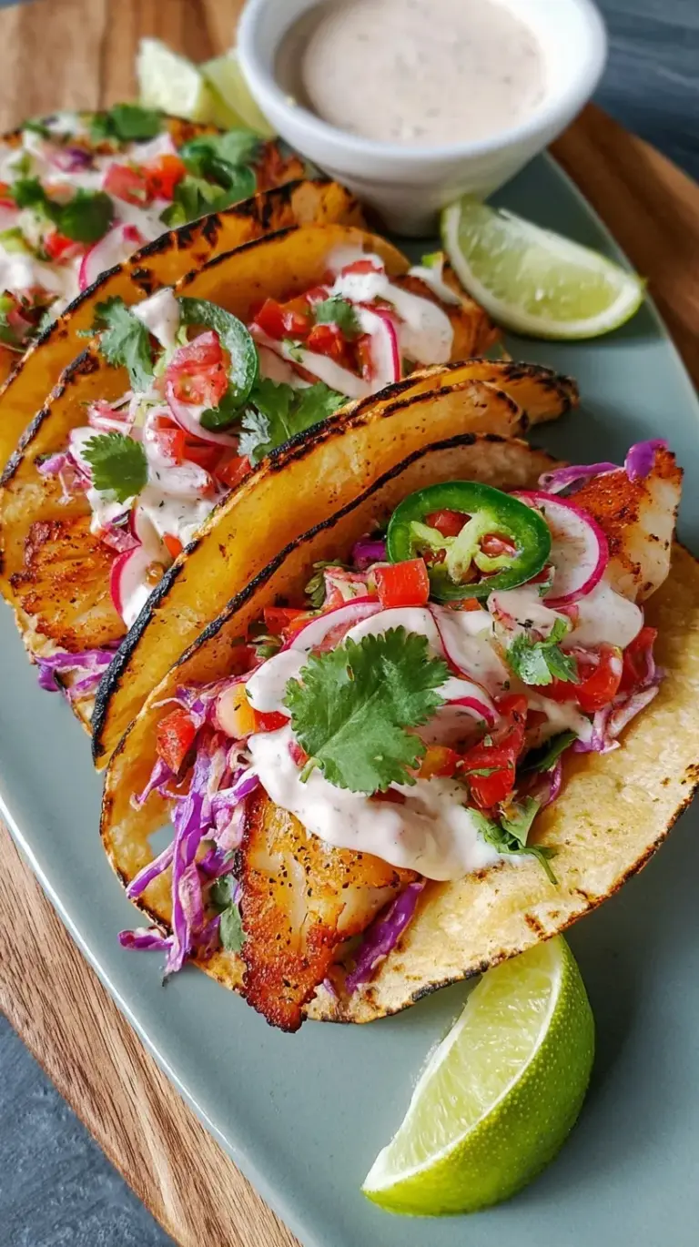 A plate of three golden crispy cod fish tacos with purple cabbage slaw and lime crema on corn tortillas.